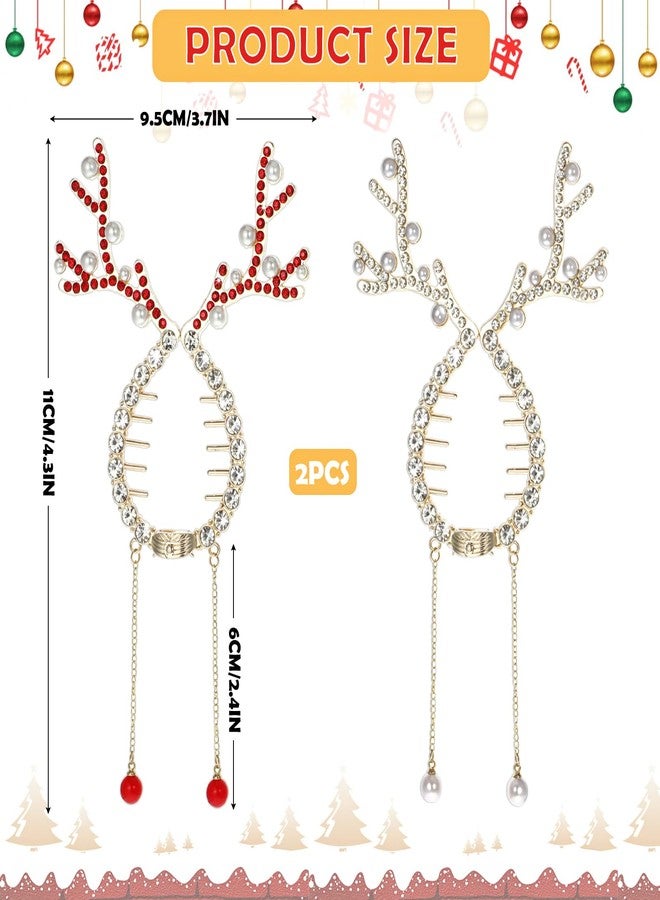 Amabro 2PCS Christmas Reindeer Ponytail Bun Holder, Bling Reindeer Banana Clips Rhinestone Pearl Hair Claw Clips Christmas Hair Accessories for Women Girls - Image 5